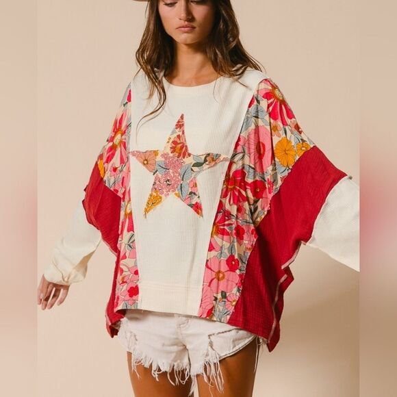 ◇ BiBi Graphic Star Patch Baggy Shirt ColorBlock Detail - Picture 5 of 15